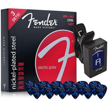 Fender 250R Super Electric Guitar Strings 3-Pack, Clip-On Tuner and 12-Pack 351 Premium Celluloid Medium Blue Guitar Picks Package