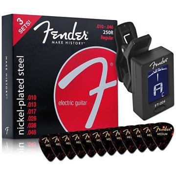 Fender 250L Super Electric Guitar Strings 3-Pack Clip-On Tuner and 12-Pack Tortoiseshell Picks Package