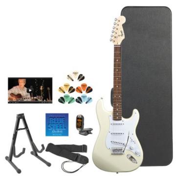 Squier by Fender Arctic White Electric Guitar w/ Stand, Strap, Strings, Tuner, Pick Sampler, Hard Case &amp; Online Lesson
