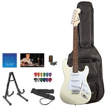 Squier by Fender Arctic White Electric Guitar with Stand, Strap, Strings, Gig Bag, Tuner, Pick Sampler &amp; Online Lesson