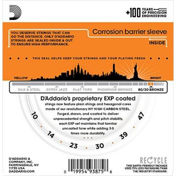 D'Addario EXP10 with NY Steel Acoustic Guitar Strings, 80/20, Coated, Extra Light, 10-47