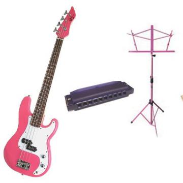 It's All About the Bass Pack-Pink Kay Electric Bass Guitar Medium Scale w/Purple Harmonica and Pink Music Stand