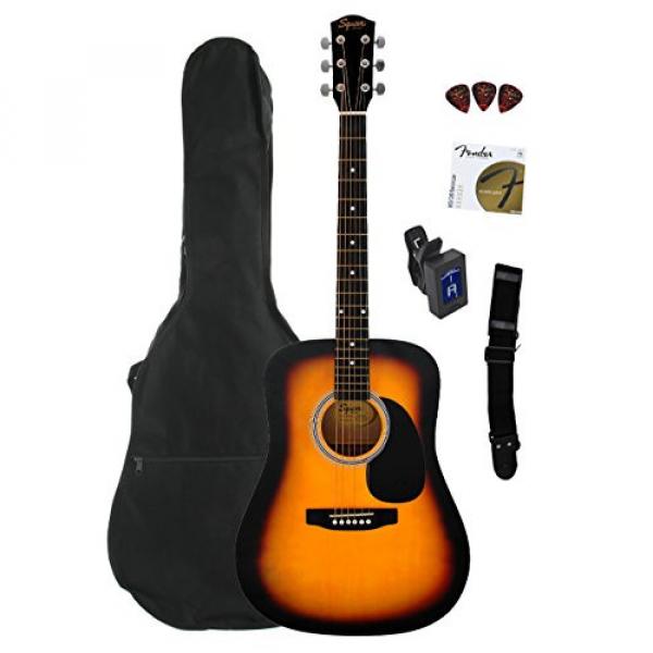 Fender Squier Dreadnought Acoustic Guitar Bundle with Gig Bag, Tuner, Strap, Strings, and Picks - Sunburst