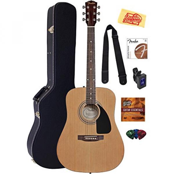 Fender Acoustic Guitar Bundle with Hard Case, Stand, Tuner, Strings, Strap, Picks, Austin Bazaar Instructional DVD, and Polishing Cloth