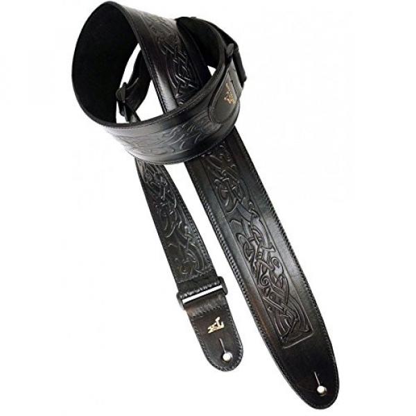 Supersize Extra Large 3&rdquo; Wide 64&rdquo; Long Genuine Leather Guitar Strap - Irish Running Dog Design Black