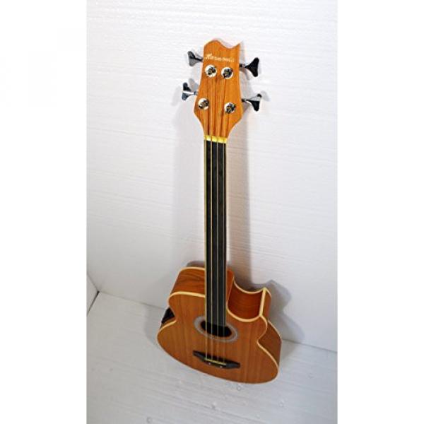 Fretless 4 String Acoustic Electric Cutaway Bass Guitar, Light-Brown Satin Finish, with a padded gig bag