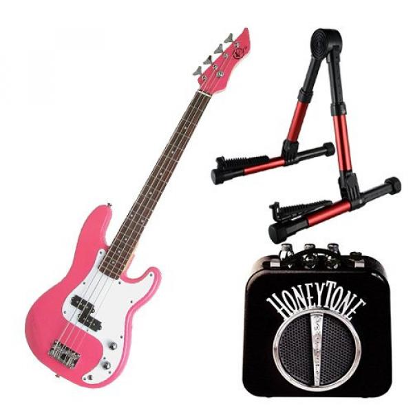 It&rsquo;s All About the Bass Pack - Pink Kay Electric Bass Guitar Medium Scale w/Honey tone Mini Amp &amp; Red Guitar Stand