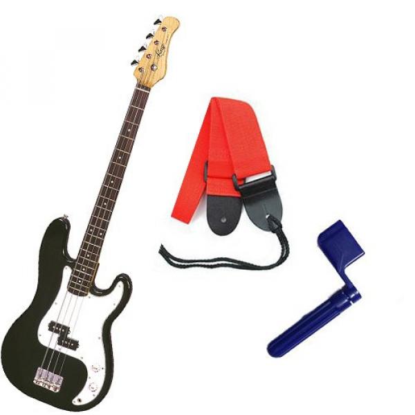 It&rsquo;s All About the Bass Pack - Black Kay Electric Bass Guitar Medium Scale w/Blue String Winder &amp; Red Strap