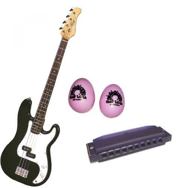 It's All About the Bass Pack-Black Kay Electric Bass Guitar Medium Scale w/Pink Egg Shakers &amp; Purple Harmonica