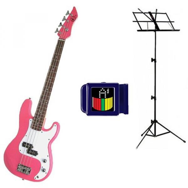 It's All About the Bass Pack-Pink Kay Electric Bass Guitar Medium Scale w/Son of Snark Tuner &amp; Black Music Stand