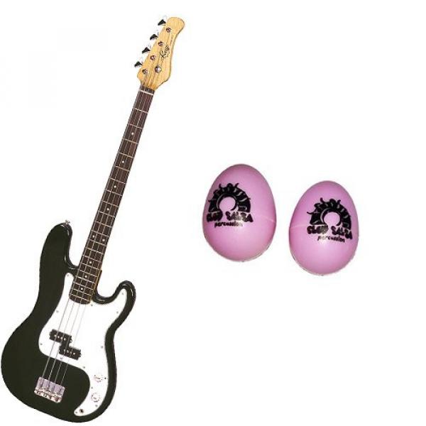 It's All About the Bass Pack-Black Kay Electric Bass Guitar Medium Scale w/Pink Egg Shakers